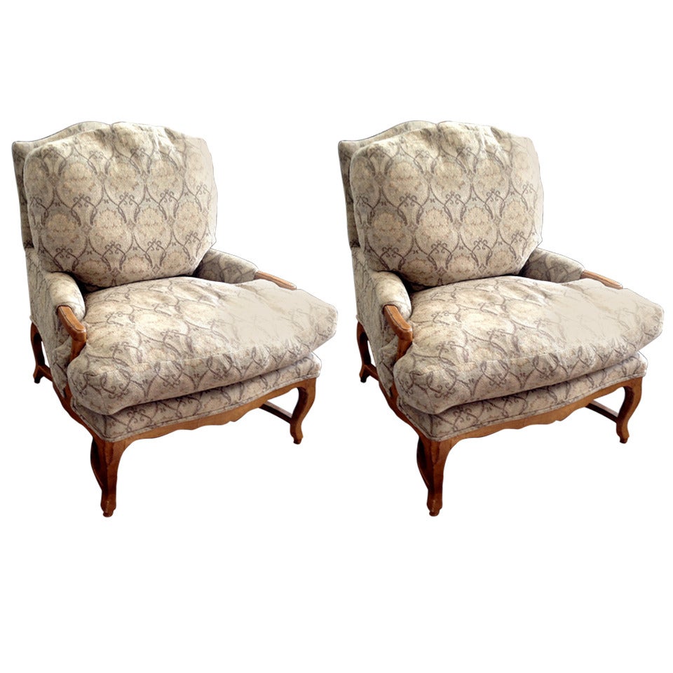 Pair of Louis XV Style Upholstered Fauteuils with Ottoman