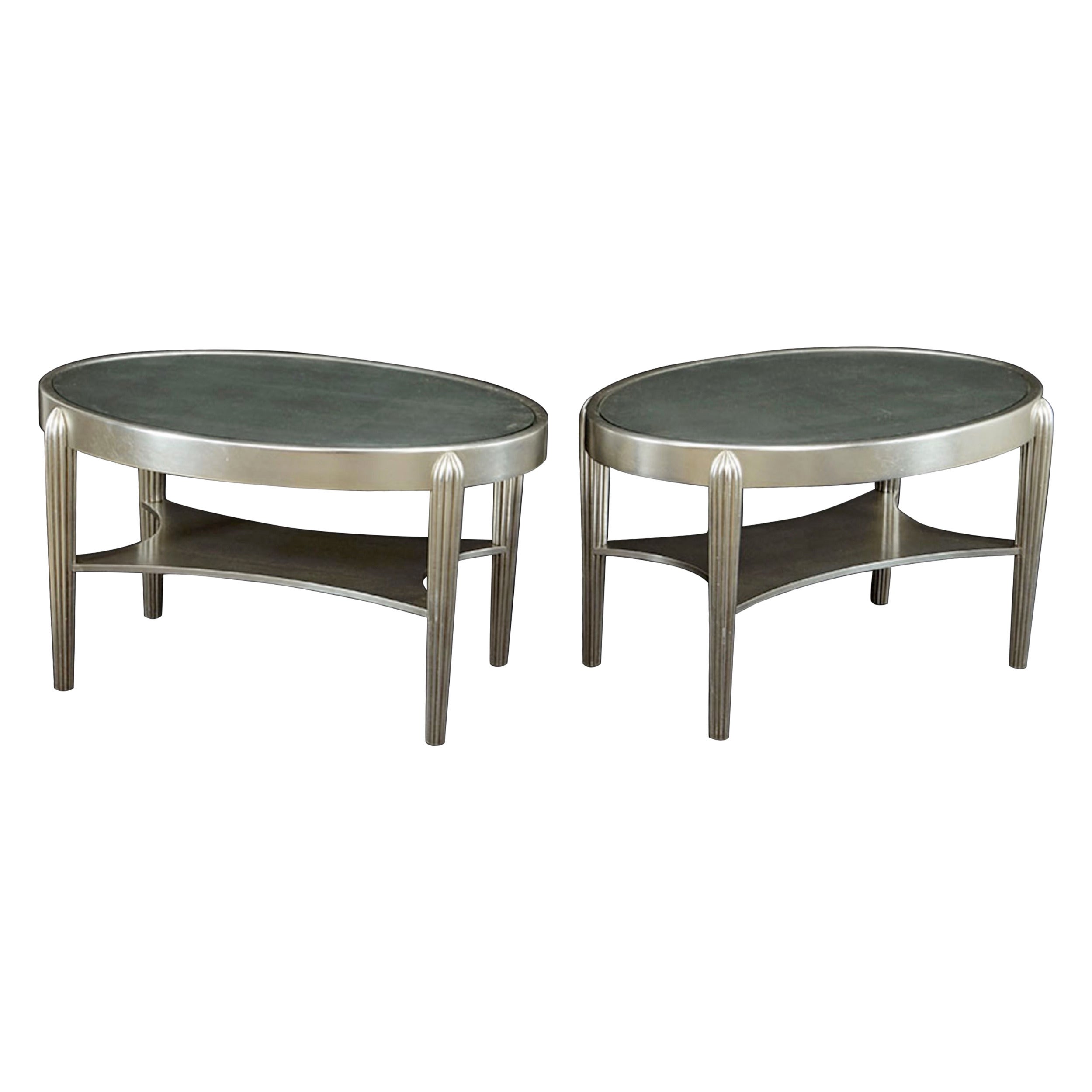 Two Art Deco Style Silver Leaf Side Tables.  Great scale and form, pristine.