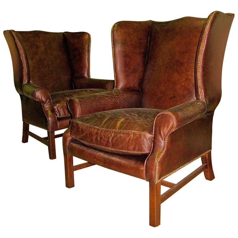 Wingback Chairs With Distressed Leather, Winged Leather Chair