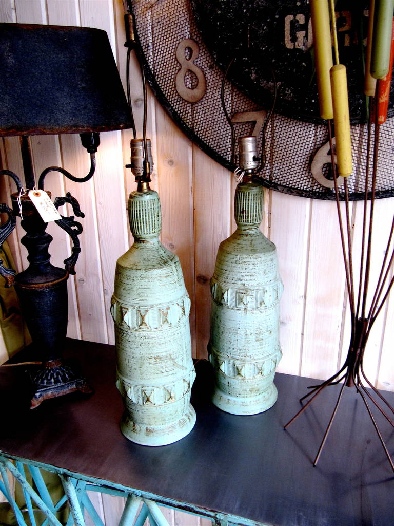 One Pair Midcentury Ceramic Lamps With Verdi Gris Finish.