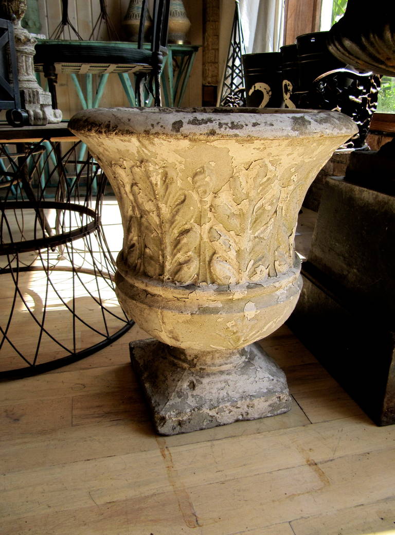 Pair of Cast Stone Garden Urns with Lovely Worn Painted Finish at 1stDibs