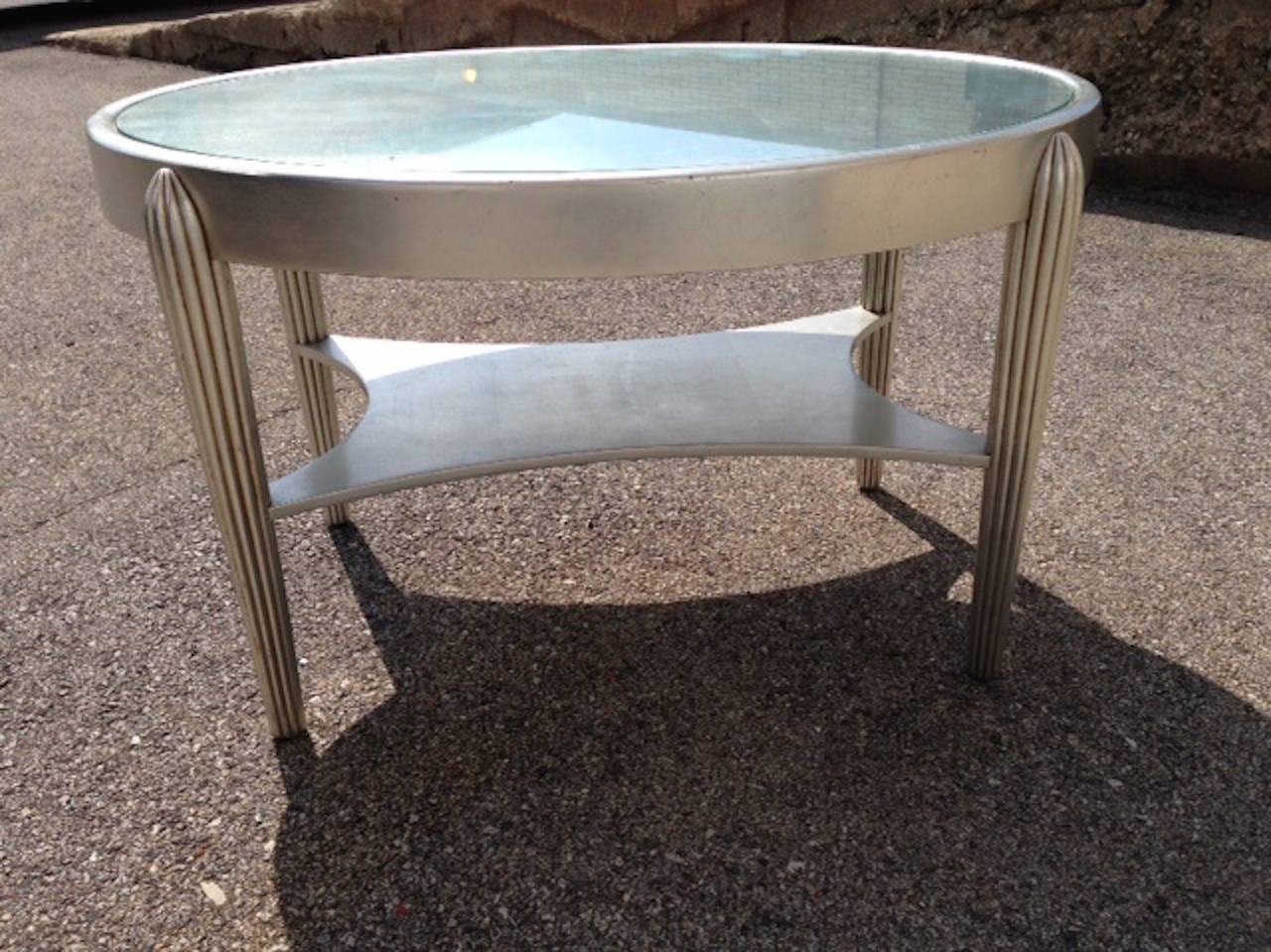 Two Art Deco Style Silver Leaf Side Tables.  Great scale and form, pristine. In Excellent Condition For Sale In Buchanan, MI