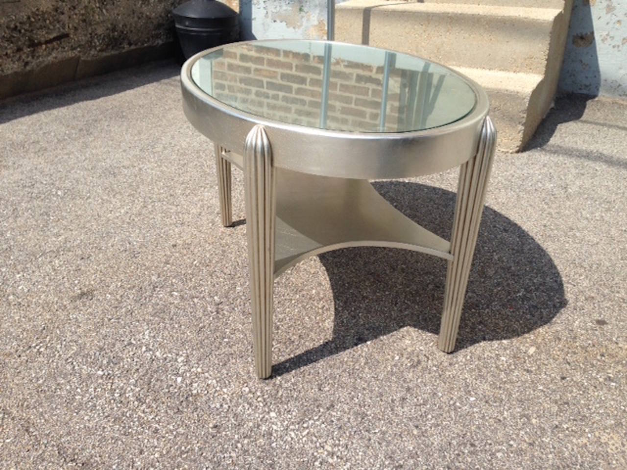 Glass Two Art Deco Style Silver Leaf Side Tables.  Great scale and form, pristine. For Sale