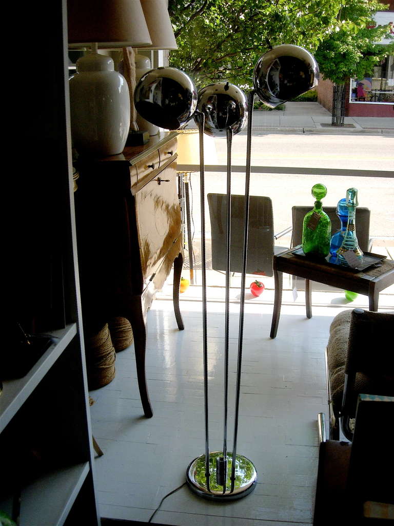 Very Chic Mid Century Three Light Floor Lamp In Polished Chrome.