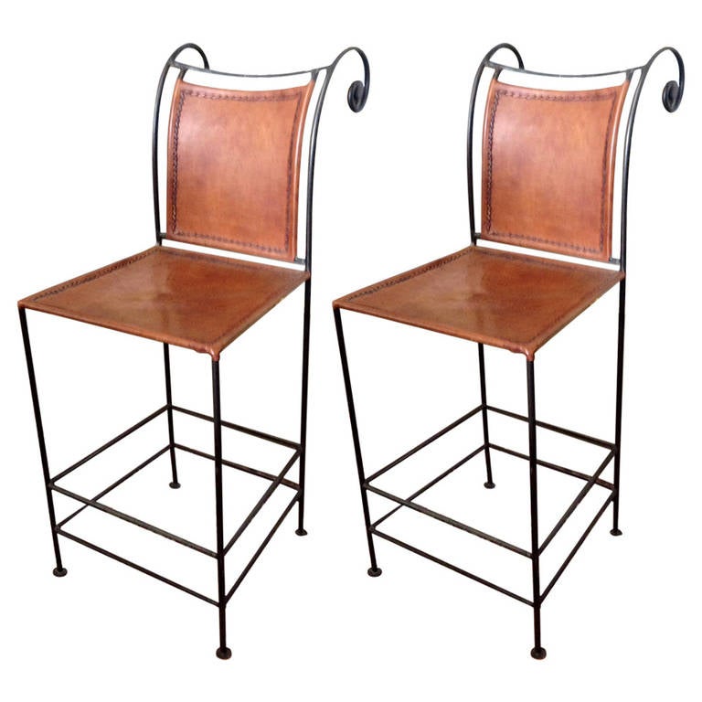 One Pair of Leather and Iron Bar Stools at 1stDibs