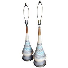 Great Pair of Mid-Century Textural Lamps with Turquoise Accents