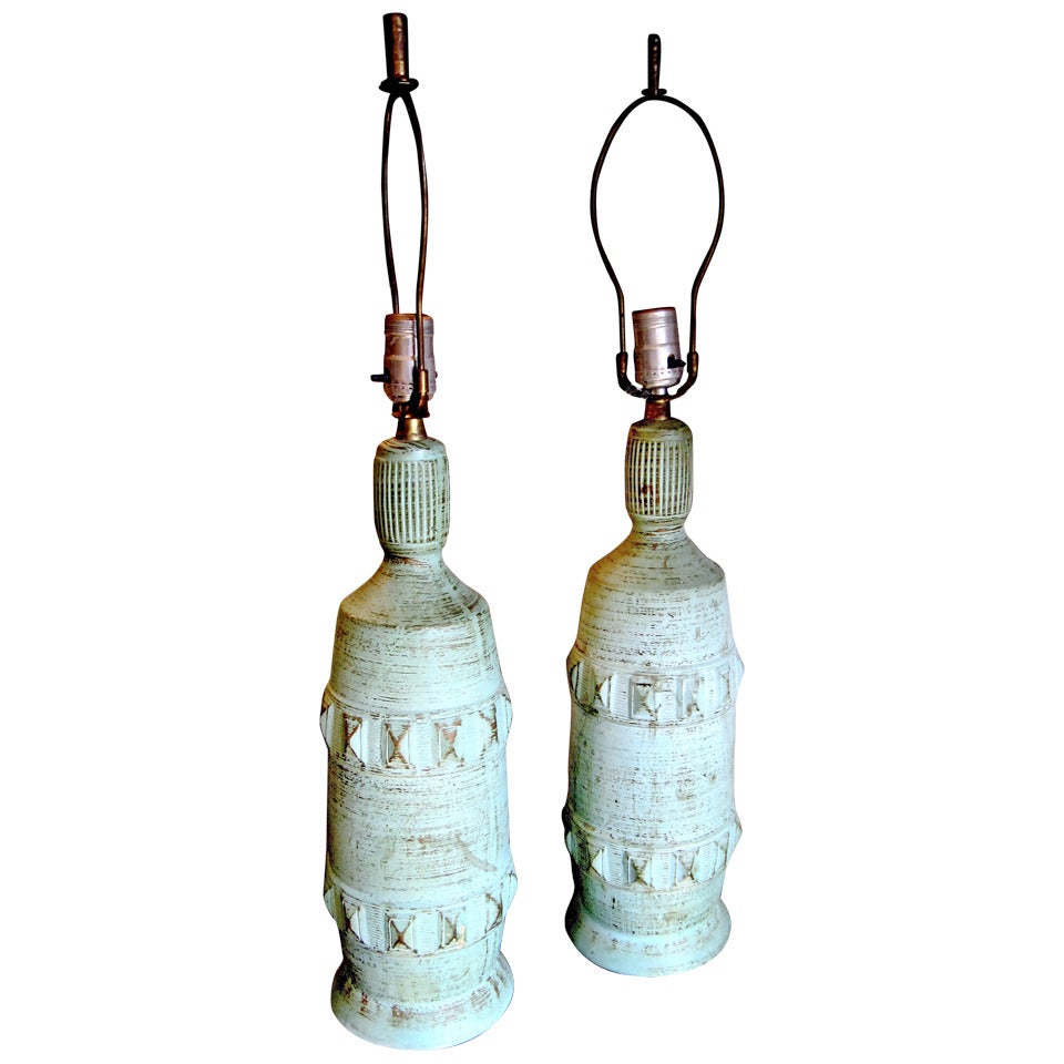 One Pair of Midcentury Ceramic Lamps with Verdi Gris Finish