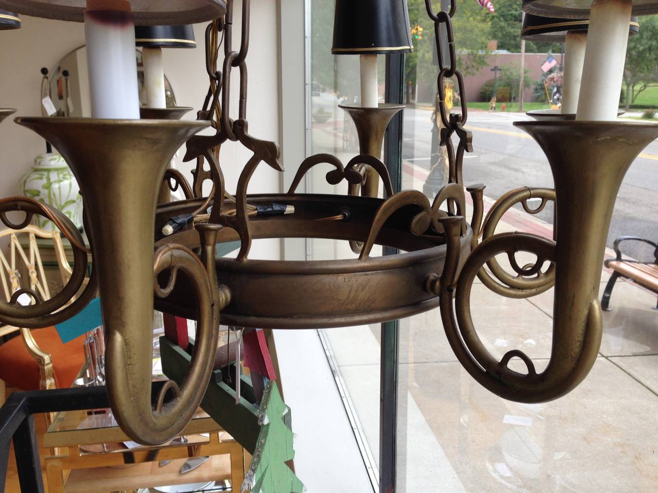Set of Four English French Horn Six-Arm Chandeliers In Excellent Condition In Buchanan, MI