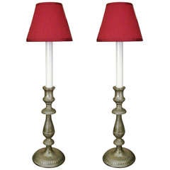 One Pair 19th Century Pewter Candlestick Converted Into Lamps
