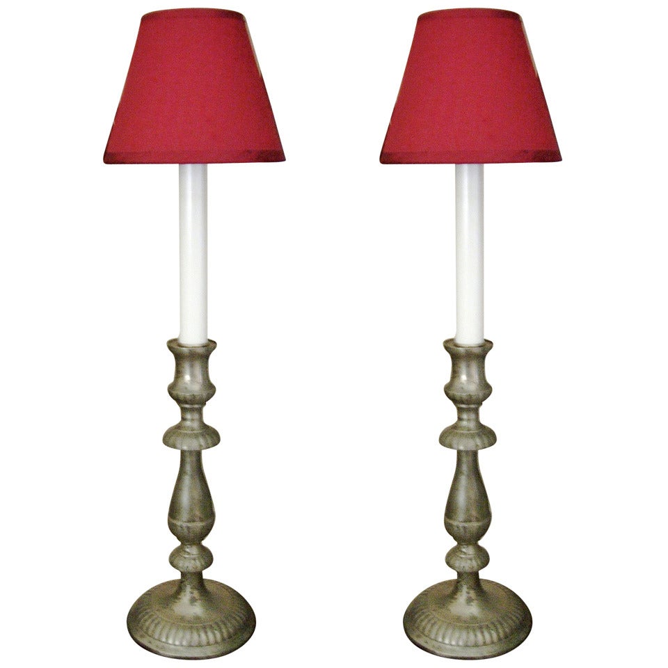 One Pair 19th Century Pewter Candlestick Converted Into Lamps