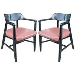 One Pair Mid Century Black Lacquer Arm Chairs 12