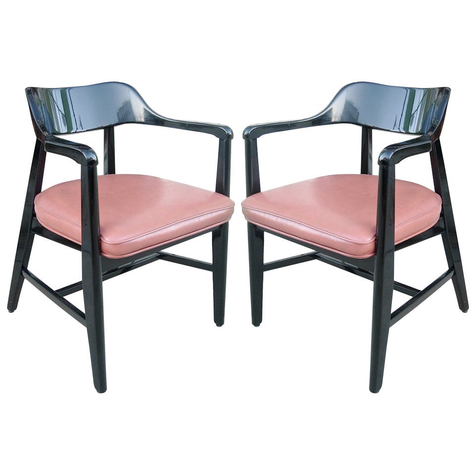 One Pair Mid Century Black Lacquer Arm Chairs