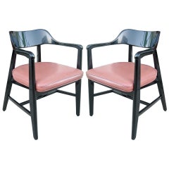 One Pair Mid Century Black Lacquer Arm Chairs