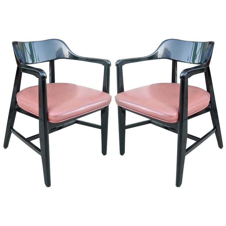 One Pair Mid Century Black Lacquer Arm Chairs For Sale at 1stDibs
