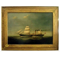 American 19th Century Oil On Canvas Of British Ship At Sea
