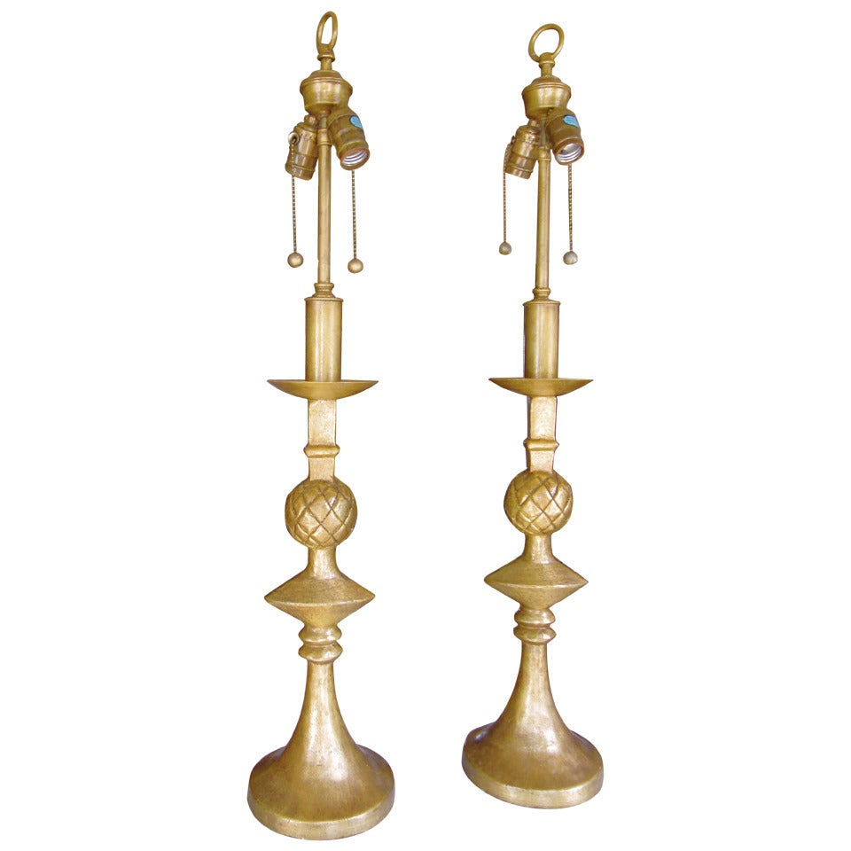 Handsome Pair of Gilt Brass Lamps in the Manner of Alberto Giacometti