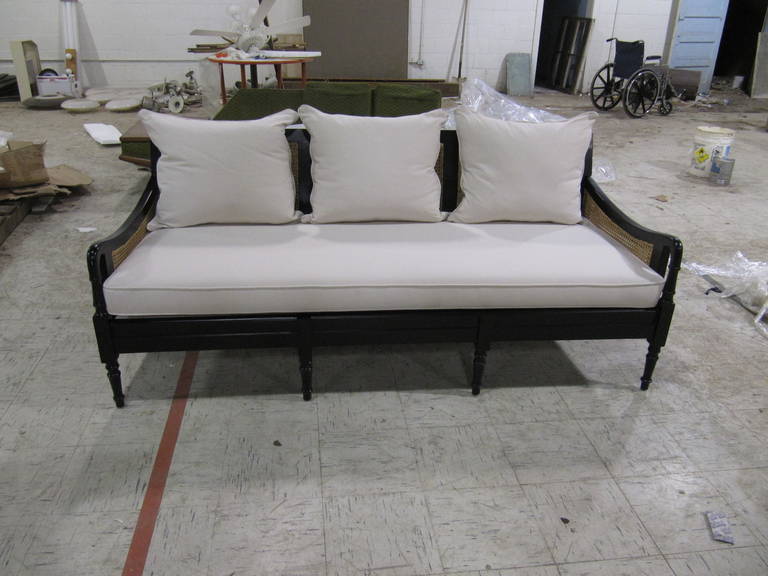 Wood Handsome Anglo-Indian Ebonized Three-Seat Sofa with White Cushions