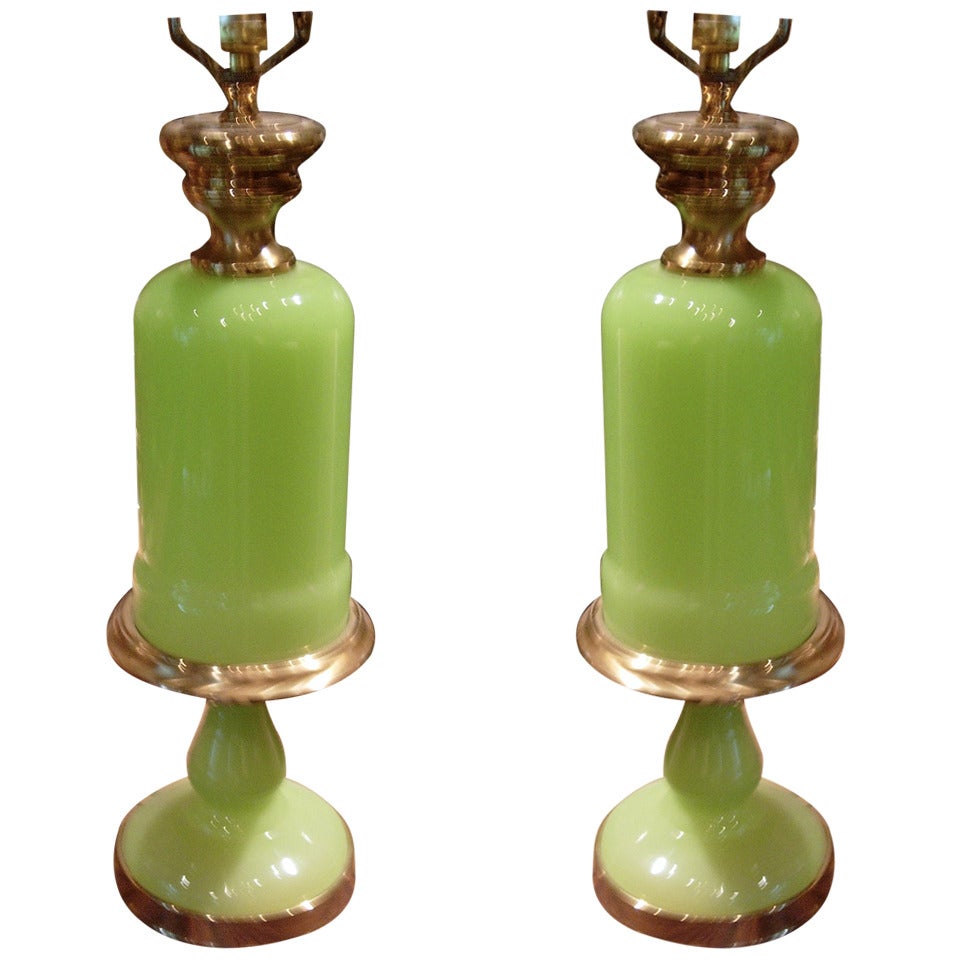 One Pair of Apple Green Opaline Glass Table Lamps