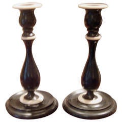 Vintage One Pair Ebonized Wood And Bone Anglo Indian Candlesticks