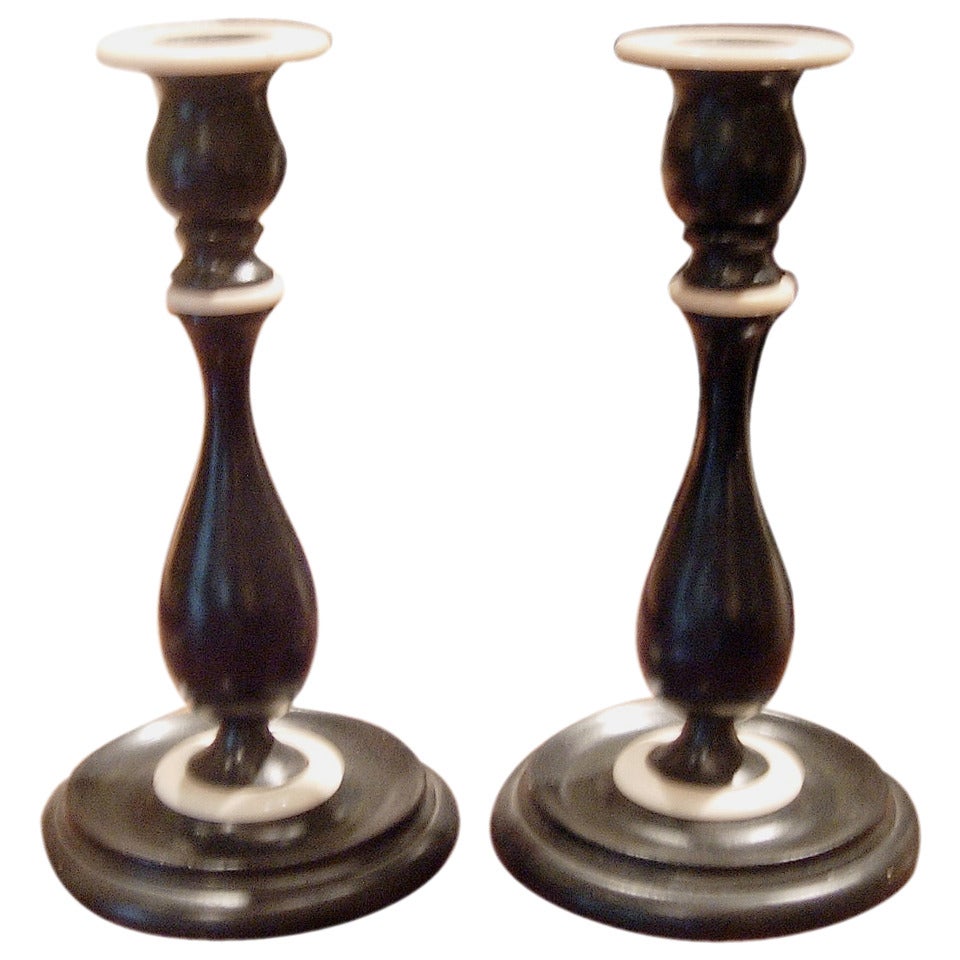 One Pair Ebonized Wood And Bone Anglo Indian Candlesticks