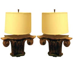 Antique One Pair Of 19th Century Carved Wood Corintheum Capitals Mounted As Lamps