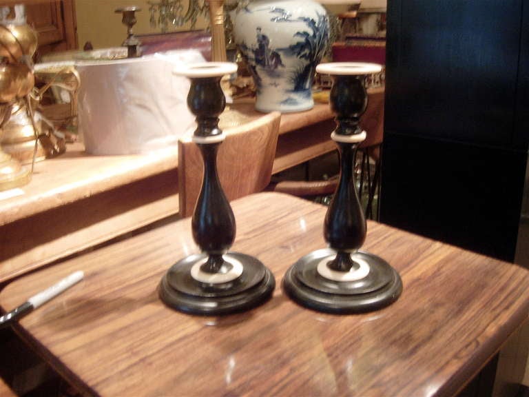 Anglo-Indian One Pair Ebonized Wood And Bone Anglo Indian Candlesticks