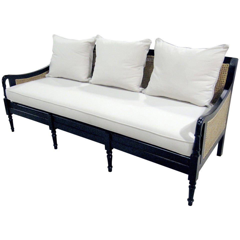 Handsome Anglo-Indian Ebonized Three-Seat Sofa with White Cushions