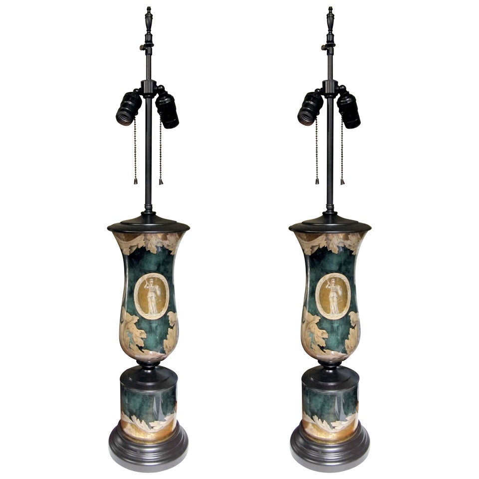 One Pair of Neoclassical Reverse Painted Lamps