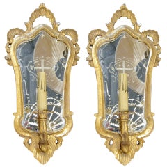 Antique One Pair of Italian Giltwood Sconces with Mirror Backing