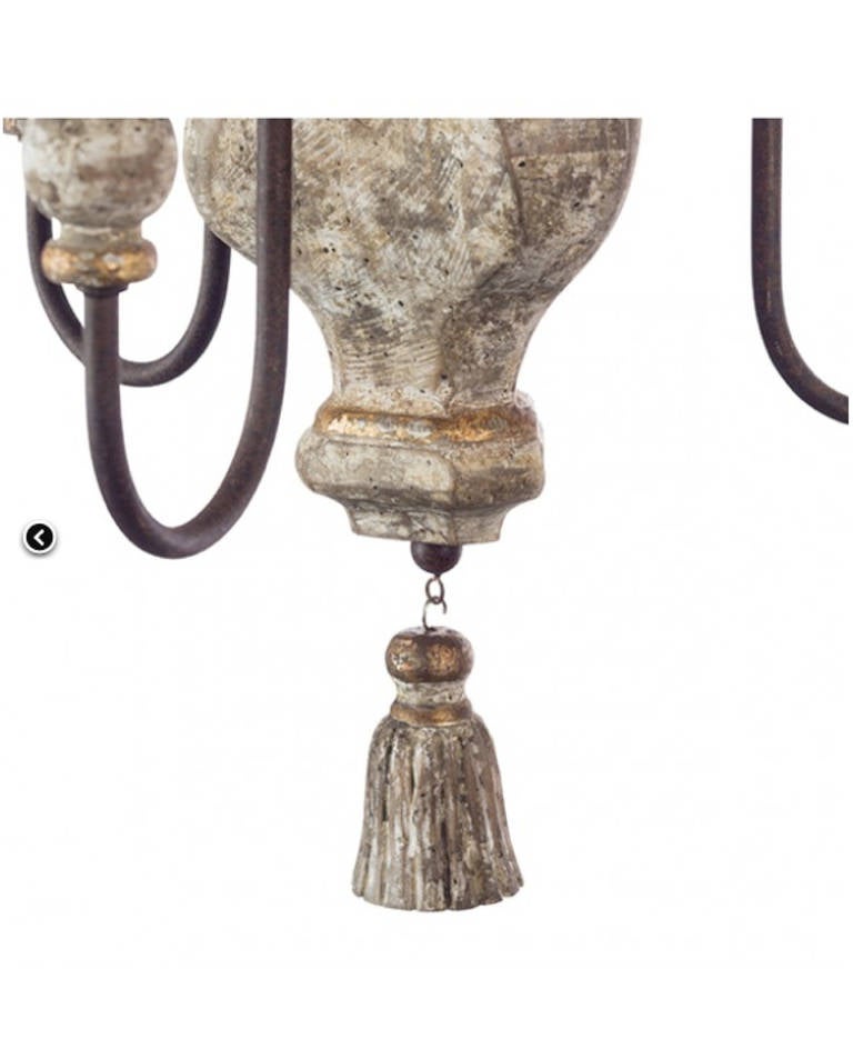 Charming pair of Italian style three-arm chandelier with tassel detail, gilt accents. Lovely distressed patina, comes with chain and canopy.