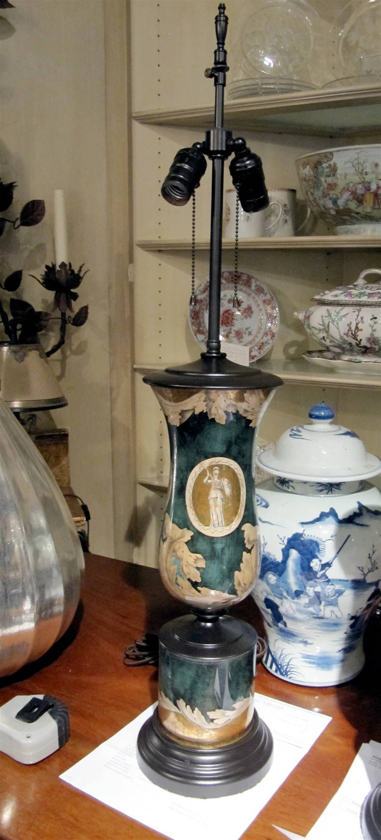 One pair of neoclassical reverse painted lamps, newly rewired.