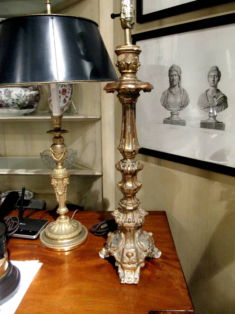 One Pair 18th Century Italian Giltwood Prickets Converted into Lamps.