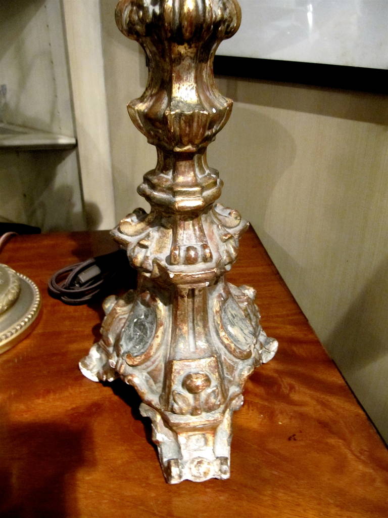 One Pair 18th Century Italian Giltwood Prickets Converted into Lamps In Excellent Condition In Buchanan, MI