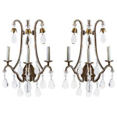 Pair of Gilt Metal and Crystal Three-Arm Sconces