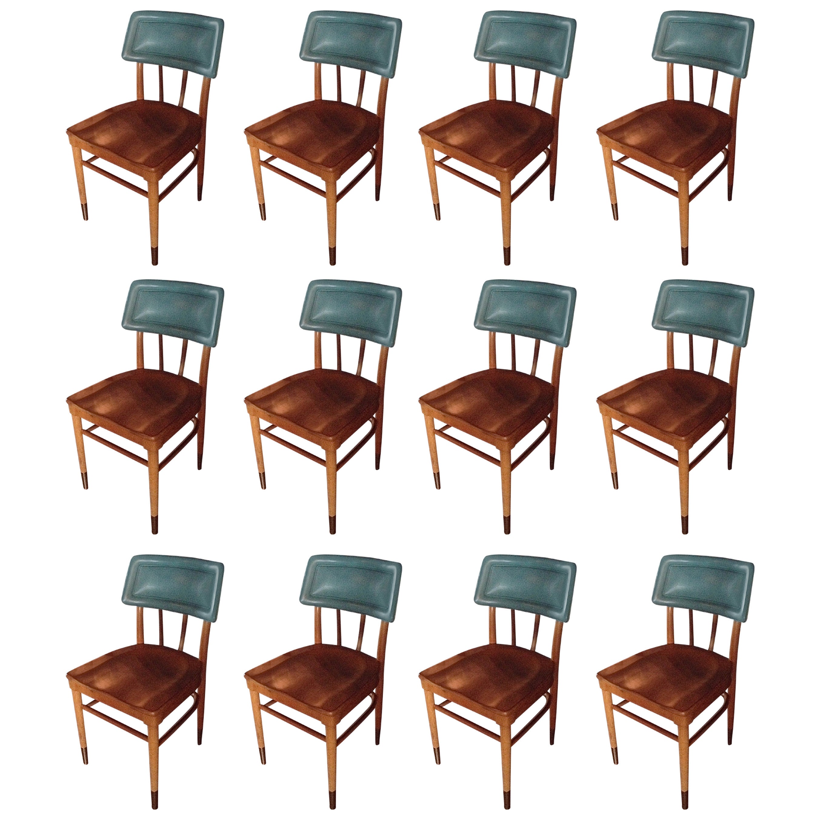 Set of 16 Thonet Midcentury Side Chairs with Turquoise Upholstered Back
