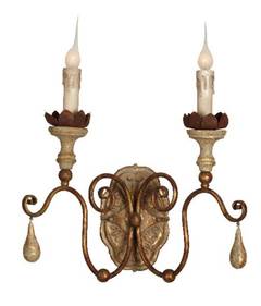 Six Two-Arm Italian Style Carved Wood and Tole Sconces with Lovely Worn Patina