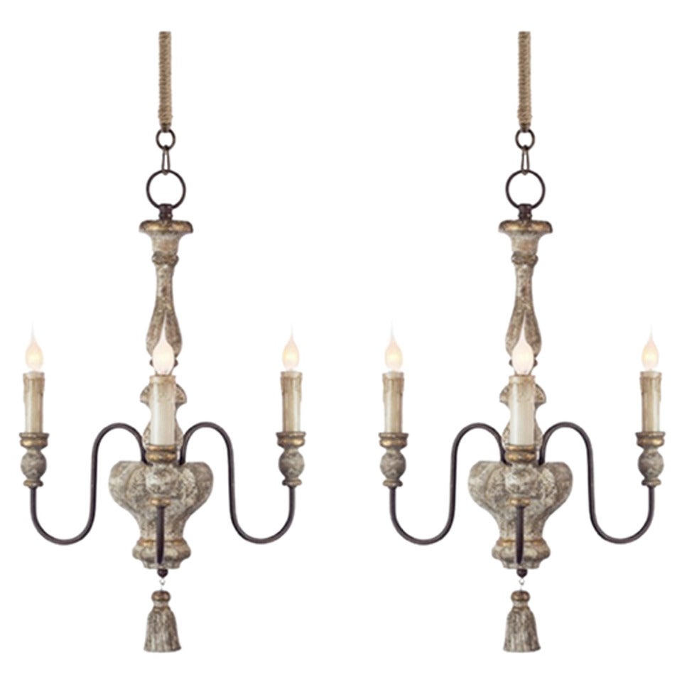 Pair of Italian Style, Three-Arm Chandelier with Tassel Detail