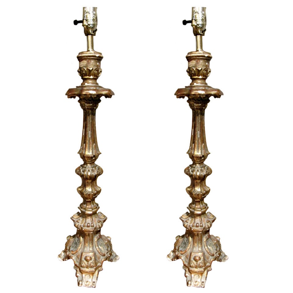 One Pair 18th Century Italian Giltwood Prickets Converted into Lamps