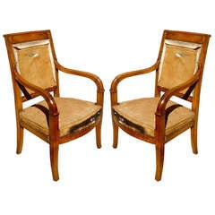 One Pair Of Very Good Empire Arm Chairs, Great Old Color And Patina