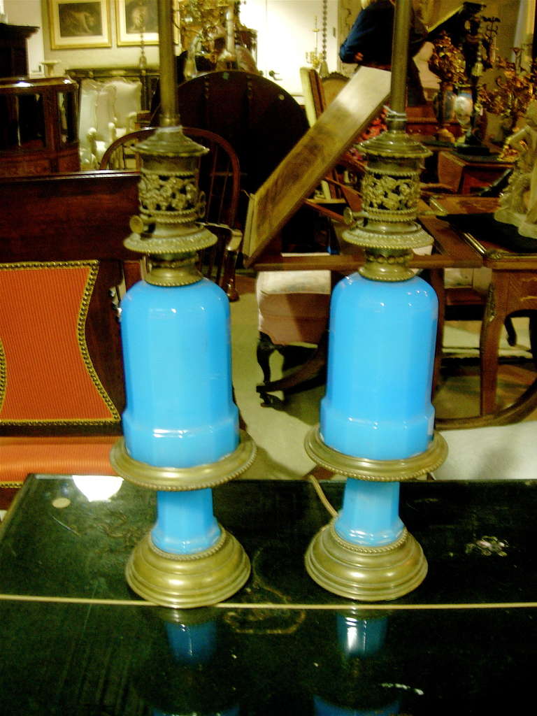 One Pair French Blue Opaline Lamps, Nice Scale In Excellent Condition In Buchanan, MI