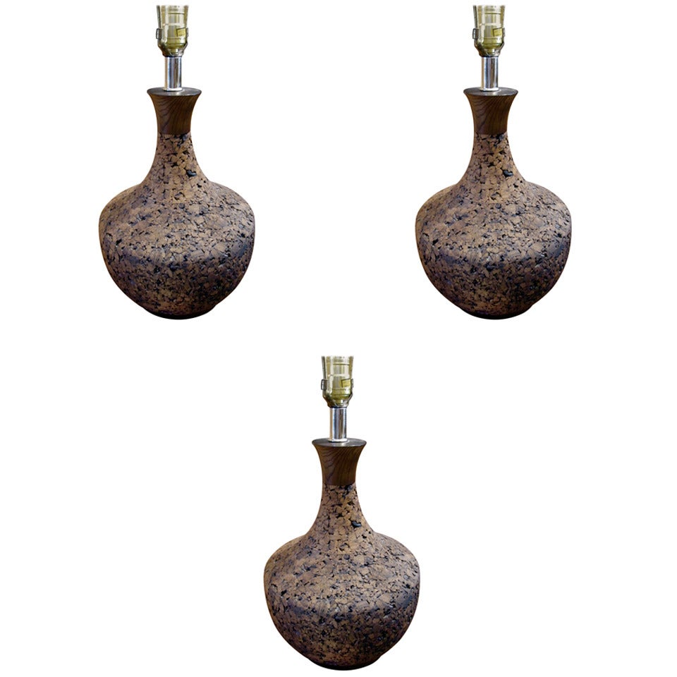 Three Assorted Midcentury Cork Lamps Of Various Size And Form.