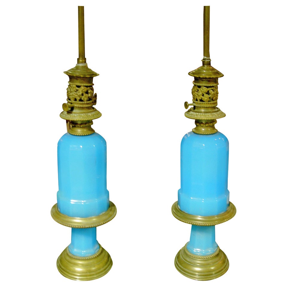 One Pair French Blue Opaline Lamps, Nice Scale