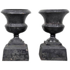 Pair of 19th Century English Garden Urns on Iron Plinths
