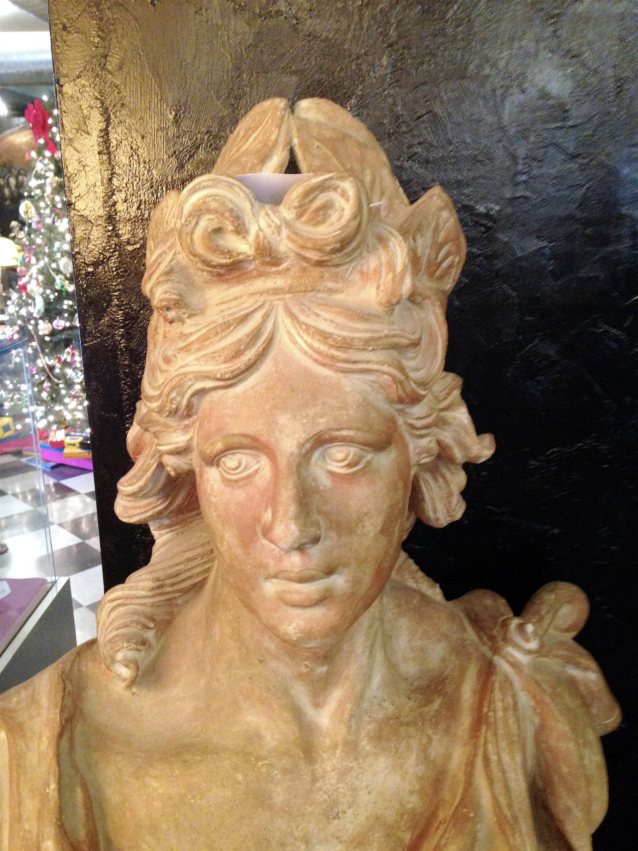 Hollywood Regency Stately Continental Terracotta Bust Depicting A Classical Female Bust.   For Sale
