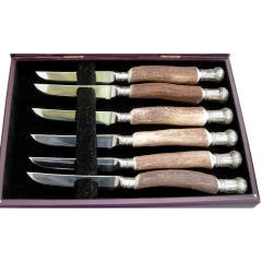 Set of Six Antler and Silver Steak Knives