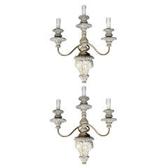 One Pair Of Italian Style Carved Wood Three Arm Sconces. 4