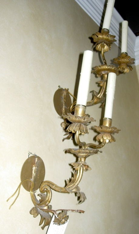 Métal Paire d'appliques à deux lumières de style Louis XV en métal doré italien en vente