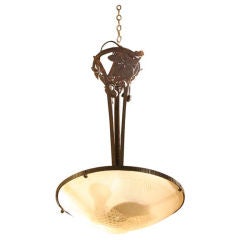 French Forged Iron With Frosted Glass Shade Chandelier. 10