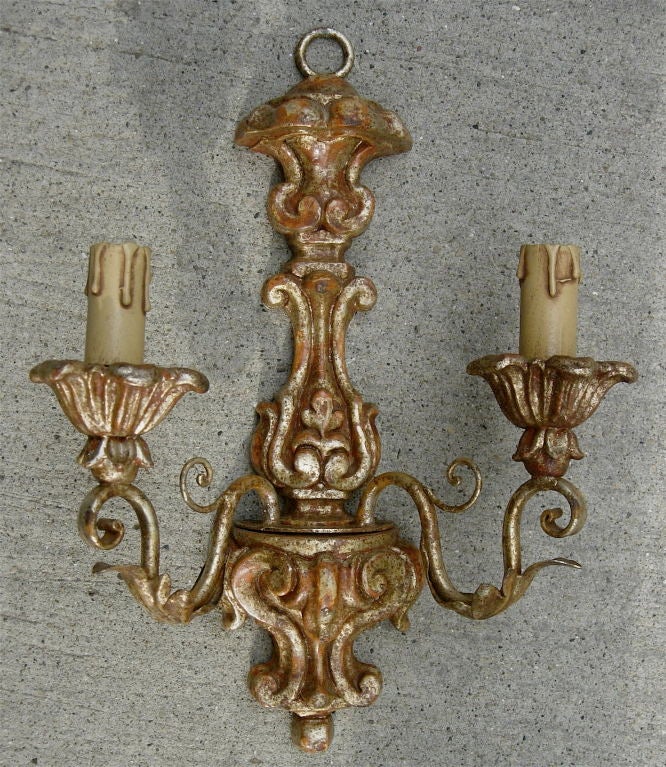Pair of Italian giltwood two-arm sconces, newly wired.