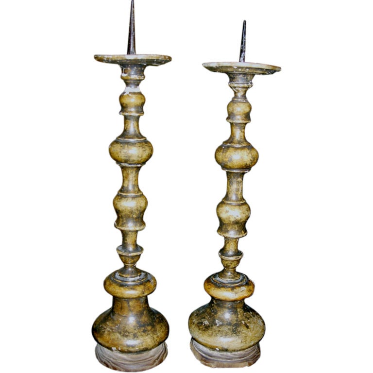 One Pair of Italian Carved Wood Prickets with Pantina For Sale